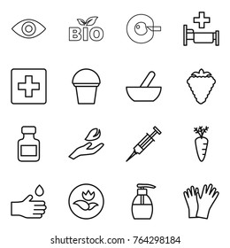 Thin line icon set : eye, bio, cell corection, hospital, first aid, bucket, mortar, berry, pills bottle, hand leaf, syringe, carrot, drop, ecology, liquid soap, gloves