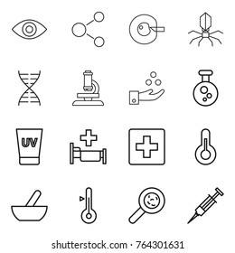 Thin line icon set : eye, molecule, cell corection, virus, dna, microscope, chemical industry, uv cream, hospital, first aid, thermometer, mortar, viruses, syringe