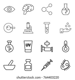 Thin line icon set : eye, brain, molecule, round flask, cell corection, microscope, vial, chemical industry, uv cream, hospital, thermometer, mortar, pills bottle, syringe, microb