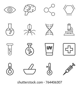Thin line icon set : eye, brain, molecule, hex, round flask, virus, dna, microscope, vial, chemical, uv cream, first aid, thermometer, mortar, syringe