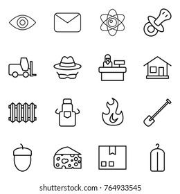 Thin line icon set : eye, mail, atom, nipple, fork loader, confidential, reception, home, radiator, apron, fire, shovel, acorn, cheese, package, dry wash