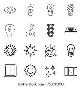 Thin line icon set : eye, bulb, head, infinity power, traffic light, taxi, sun, disco ball, switch, shining, clean window
