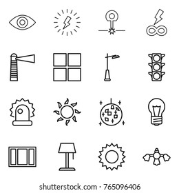 Thin line icon set : eye, lightning, laser, infinity power, lighthouse, window, outdoor light, traffic, alarm, sun, disco ball, bulb, floor lamp, hard reach place cleaning
