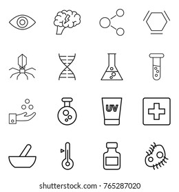 Thin line icon set : eye, brain, molecule, hex, virus, dna, flask, vial, chemical industry, uv cream, first aid, mortar, thermometer, pills bottle, microb