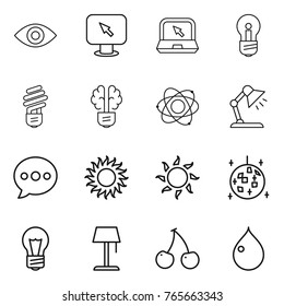 Thin line icon set : eye, monitor arrow, notebook, bulb, brain, atom, table lamp, balloon, sun, disco ball, floor, cherry, drop