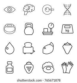 Thin line icon set : eye, brain, cell corection, dna, smart bracelet, heavy, warehouse scales, drop, toaster, lemon, berry, pills bottle, strawberry, soap, gloves