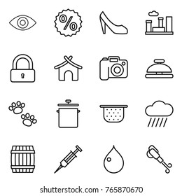 Thin line icon set : eye, percent, shoes, city, lock, bungalow, camera, service bell, pets, pan, colander, rain cloud, barrel, syringe, drop, blower