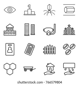 Thin line icon set : eye, pedestal, virus, nano tube, cottage, skyscrapers, diving mask, hotel, identity card, inflatable mattress, fence, coffee seeds, honeycombs, trailer, housing, hand dryer