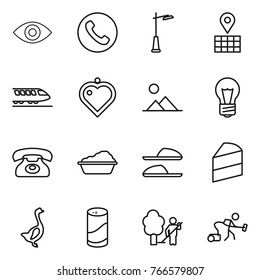 Thin line icon set : eye, phone, outdoor light, map, train, heart pendant, landscape, bulb, washing, slippers, cake, goose, cleanser powder, garden cleaning, vacuum cleaner
