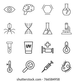 Thin line icon set : eye, brain, hex molecule, round flask, virus, dna, microscope, vial, uv cream, hospital, thermometer, viruses, syringe, microb