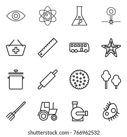 Thin line icon set : eye, atom, flask, laser, add to basket, ruler, bus, starfish, pan, rolling pin, cookies, trees, fork, tractor, water pump, microb