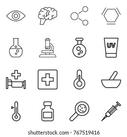 Thin line icon set : eye, brain, molecule, hex, round flask, microscope, chemical, uv cream, hospital, first aid, thermometer, mortar, pills bottle, viruses, syringe