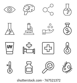 Thin line icon set : eye, brain, molecule, round flask, microscope, chemical industry, uv cream, hospital, first aid, thermometer, pills bottle, viruses, microb