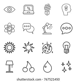 Thin line icon set : eye, notebook, bulb, head, atom, discussion, table lamp, balloon, sun, disco ball, floor, cherry, drop, shining