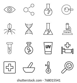 Thin line icon set : eye, molecule, round flask, cell corection, virus, dna, microscope, vial, chemical, uv cream, hospital, first aid, mortar, thermometer, viruses