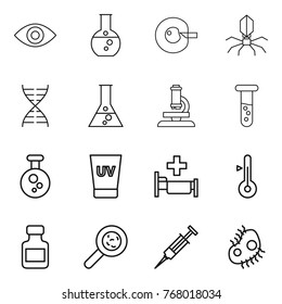 Thin line icon set : eye, round flask, cell corection, virus, dna, microscope, vial, chemical, uv cream, hospital, thermometer, pills bottle, viruses, syringe, microb