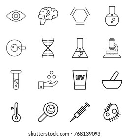 Thin line icon set : eye, brain, hex molecule, round flask, cell corection, dna, microscope, vial, chemical industry, uv cream, mortar, thermometer, viruses, syringe, microb