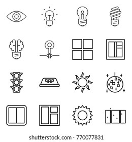 Thin line icon set : eye, bulb, brain, laser, window, traffic light, taxi, sun, disco ball, power switch, clean
