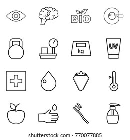 Thin line icon set : eye, brain, bio, cell corection, heavy, warehouse scales, uv cream, first aid, drop, berry, thermometer, apple, hand, tooth brush, liquid soap