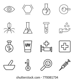 Thin line icon set : eye, hex molecule, round flask, cell corection, virus, vial, chemical industry, uv cream, hospital, first aid, mortar, thermometer, viruses, syringe