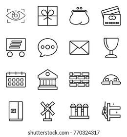 Thin line icon set : eye identity, gift, purse, credit card, delivery, balloon, mail, wineglass, calendar, library, brick wall, dome house, fridge, windmill, grain elevator, skyscrapers cleaning