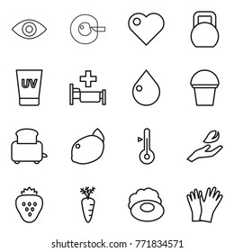 Thin line icon set : eye, cell corection, heart, heavy, uv cream, hospital, drop, bucket, toaster, lemon, thermometer, hand leaf, strawberry, carrot, soap, gloves