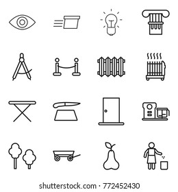 Thin line icon set : eye, delivery, bulb, column, draw compass, vip fence, radiator, iron board, cutting, door, food processor, trees, trailer, pear, garbage bin