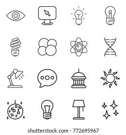 Thin line icon set : eye, monitor arrow, bulb, atom core, dna, table lamp, balloon, goverment house, sun, disco ball, floor, shining