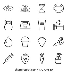 Thin line icon set : eye, bio, dna, smart bracelet, heavy, uv cream, hospital, drop, bucket, berry, hand leaf, syringe, strawberry, carrot, liquid soap