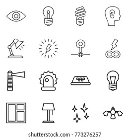 Thin line icon set : eye, bulb, head, table lamp, lightning, laser, infinity power, lighthouse, alarm, taxi, window, floor, shining, hard reach place cleaning