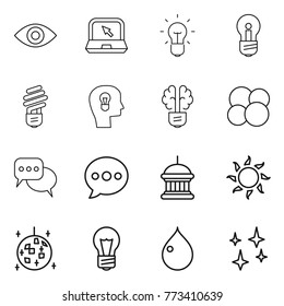 Thin line icon set : eye, notebook, bulb, head, brain, atom core, discussion, balloon, goverment house, sun, disco ball, drop, shining