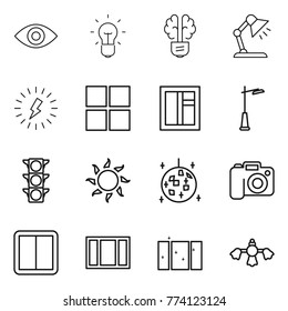Thin line icon set : eye, bulb, brain, table lamp, lightning, window, outdoor light, traffic, sun, disco ball, camera, power switch, clean, hard reach place cleaning