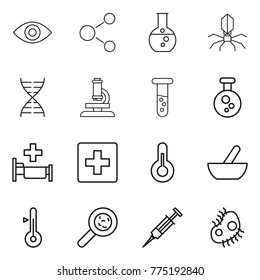 Thin line icon set : eye, molecule, round flask, virus, dna, microscope, vial, chemical, hospital, first aid, thermometer, mortar, viruses, syringe, microb