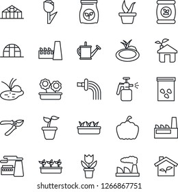 Thin Line Icon Set - factory vector, flower in pot, seedling, watering can, pruner, pumpkin, greenhouse, seeds, pond, garden sprayer, fertilizer, tulip, eco house