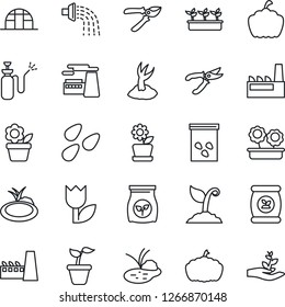 Thin Line Icon Set - factory vector, flower in pot, seedling, watering, sproute, pruner, pumpkin, greenhouse, seeds, pond, garden sprayer, fertilizer, tulip, palm