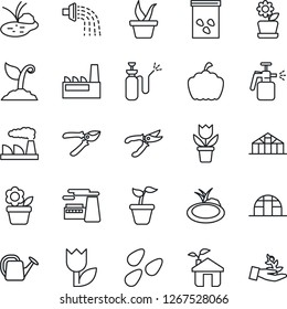 Thin Line Icon Set - factory vector, flower in pot, seedling, watering can, sproute, pruner, pumpkin, greenhouse, seeds, pond, garden sprayer, tulip, eco house, palm