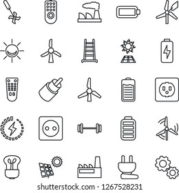 Thin Line Icon Set - factory vector, ladder, ripper, barbell, remote control, battery, rca, charge, sun panel, windmill, socket, power plug, bulb, alarm led, gear