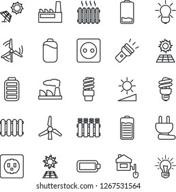 Thin Line Icon Set - factory vector, battery, low, torch, brightness, sun panel, windmill, heater, home control, socket, power plug, radiator, bulb, energy saving, idea
