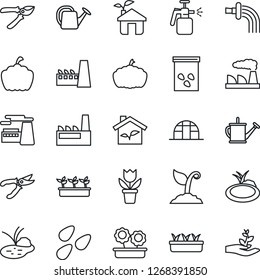 Thin Line Icon Set - factory vector, flower in pot, watering can, sproute, pruner, seedling, pumpkin, greenhouse, seeds, pond, garden sprayer, eco house, palm