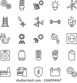 Thin Line Icon Set - factory vector, ladder, fire, ripper, barbell, speaker, low battery, protect, sun panel, windmill, home control, socket, power plug, remote, bulb, energy saving, gear