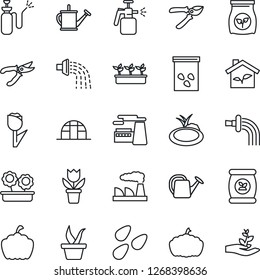 Thin Line Icon Set - factory vector, flower in pot, seedling, watering can, pruner, pumpkin, greenhouse, seeds, pond, garden sprayer, fertilizer, tulip, eco house, palm sproute