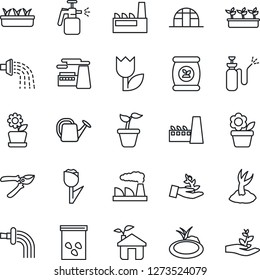 Thin Line Icon Set - factory vector, flower in pot, seedling, watering can, sproute, pruner, greenhouse, seeds, pond, garden sprayer, fertilizer, tulip, eco house, palm