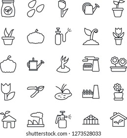Thin Line Icon Set - factory vector, flower in pot, seedling, watering can, sproute, pruner, pumpkin, greenhouse, seeds, pond, garden sprayer, fertilizer, tulip, eco house