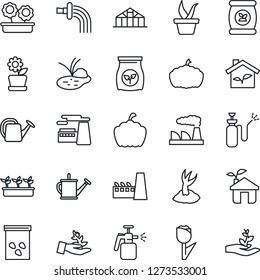 Thin Line Icon Set - factory vector, seedling, watering can, sproute, pumpkin, greenhouse, seeds, pond, garden sprayer, fertilizer, tulip, flower in pot, eco house, palm