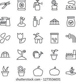 Thin Line Icon Set - factory vector, flower in pot, seedling, watering can, sproute, pruner, pumpkin, greenhouse, seeds, garden sprayer, fertilizer, tulip, eco house, palm