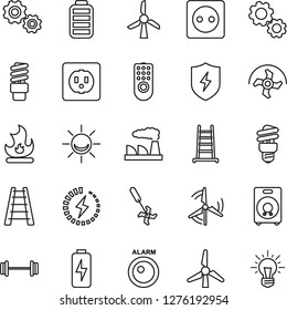 Thin Line Icon Set - factory vector, ripper, ladder, fire, barbell, speaker, battery, protect, charge, windmill, socket, remote control, energy saving bulb, alarm led, gear, idea