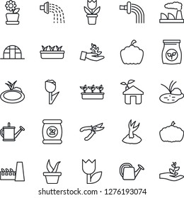 Thin Line Icon Set - factory vector, flower in pot, seedling, watering can, sproute, pruner, pumpkin, greenhouse, pond, fertilizer, tulip, eco house, palm