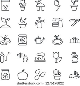 Thin Line Icon Set - factory vector, flower in pot, seedling, watering can, sproute, pruner, pumpkin, greenhouse, seeds, pond, garden sprayer, fertilizer, tulip, eco house, palm