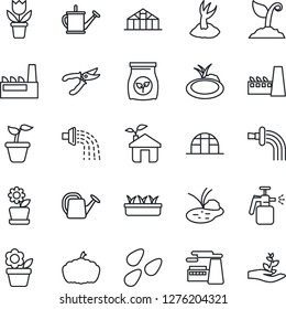Thin Line Icon Set - factory vector, flower in pot, seedling, watering can, sproute, pruner, pumpkin, greenhouse, seeds, pond, garden sprayer, fertilizer, eco house, palm