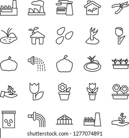 Thin Line Icon Set - factory vector, flower in pot, watering, sproute, pruner, seedling, pumpkin, greenhouse, seeds, pond, tulip, eco house, palm